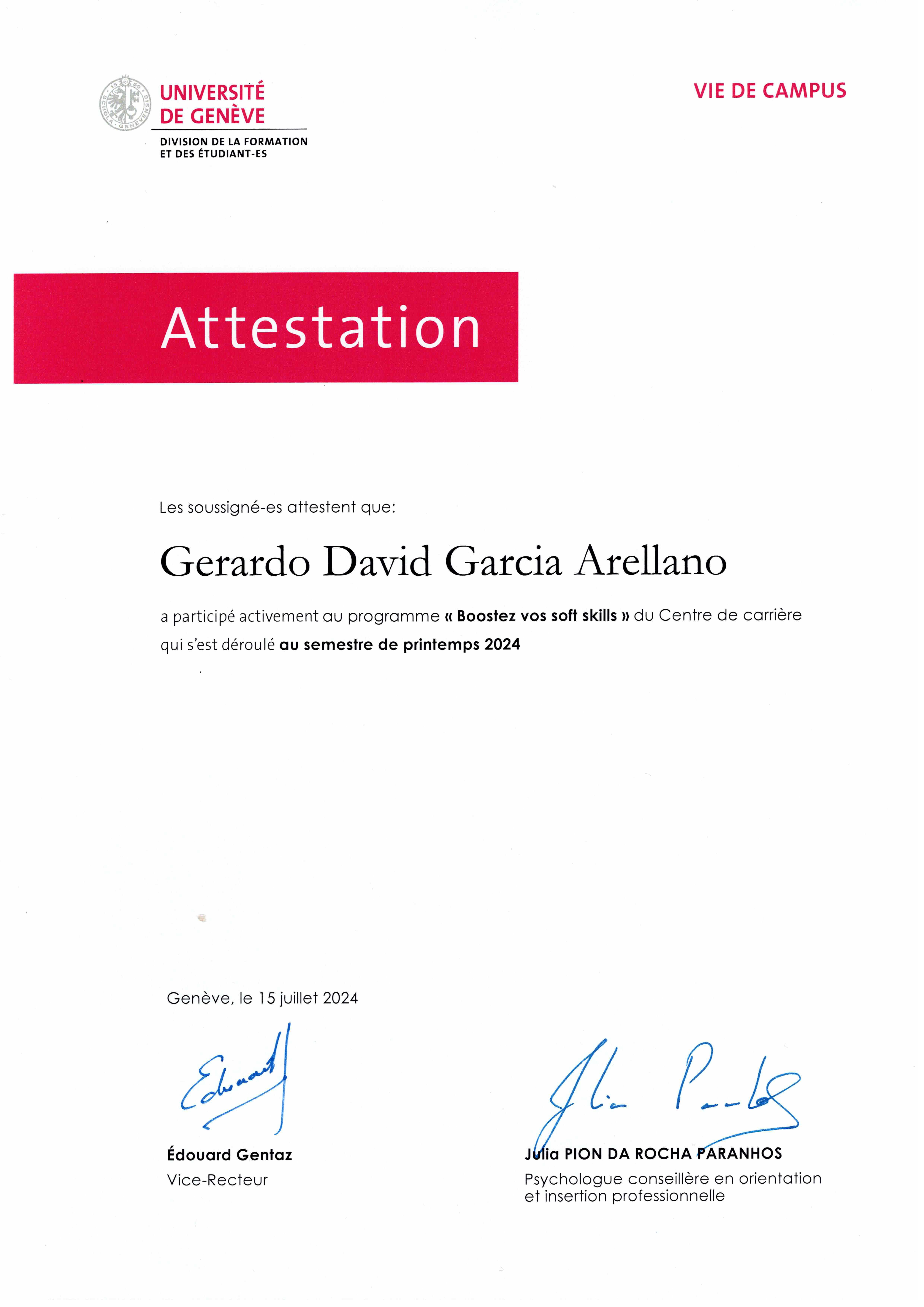Attestation du programe de l'Unige 