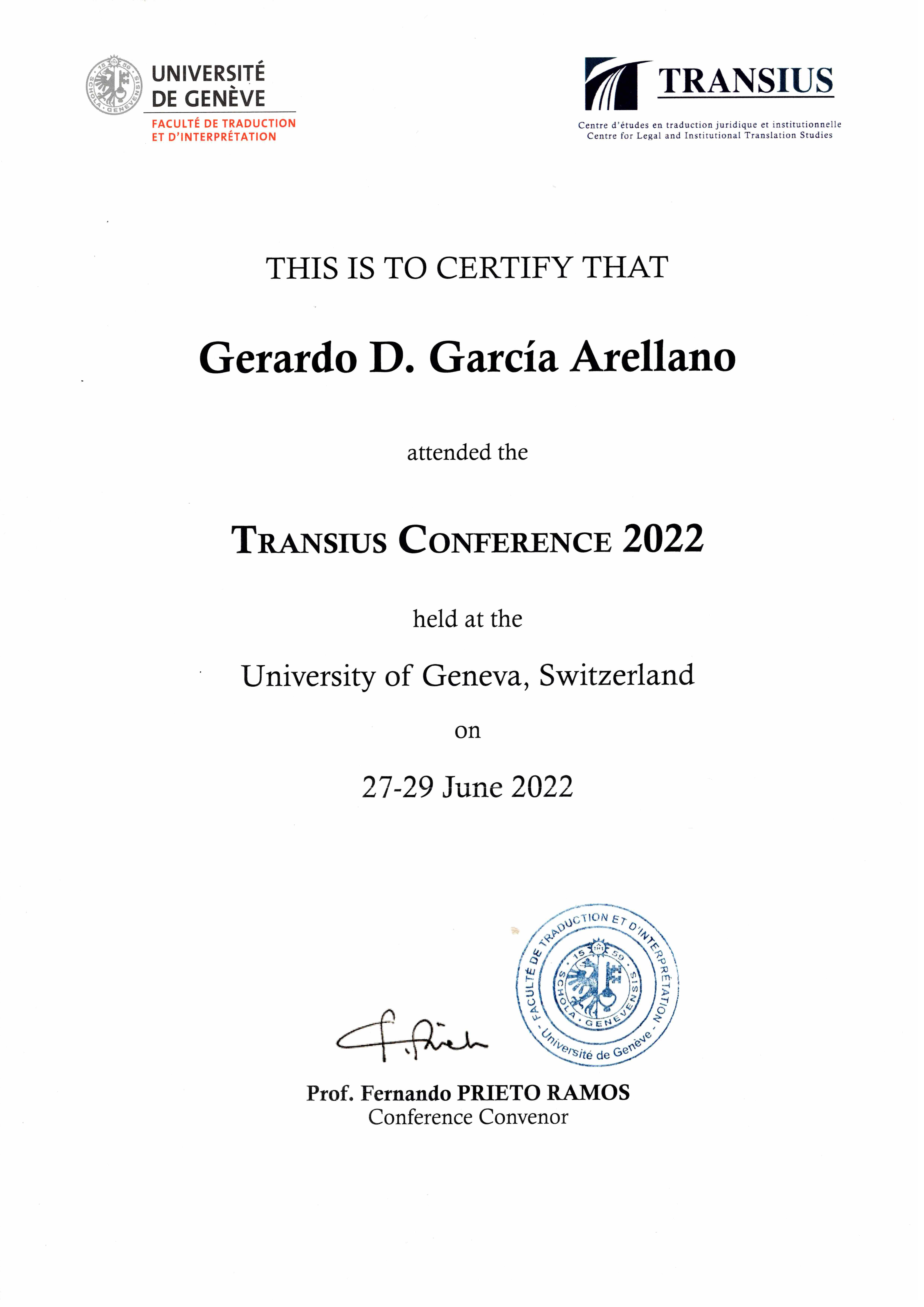 Certificat de participation conférence Transius 2022 en anglais
