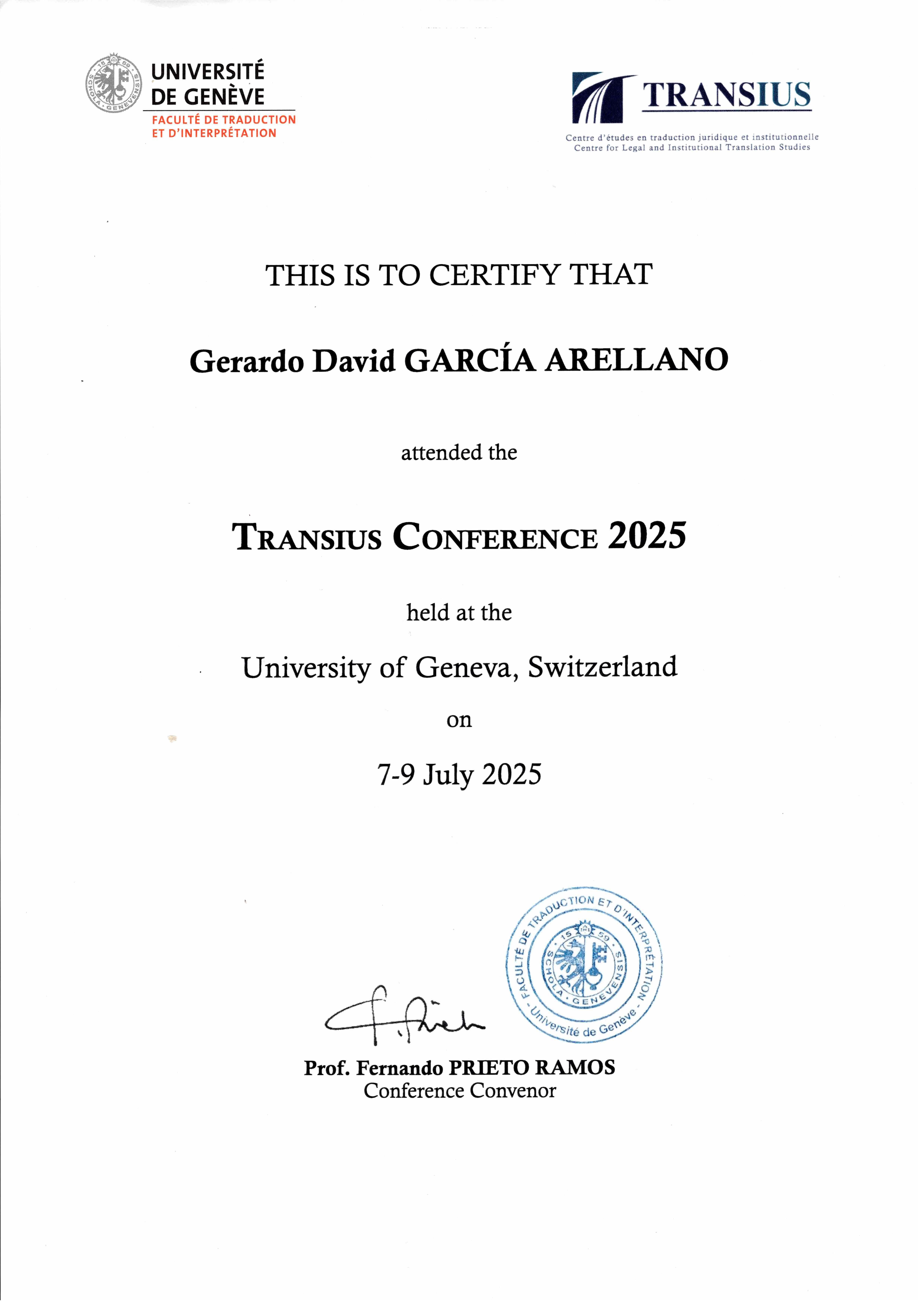 Certificat de participation conférence Transius 2025 en anglais